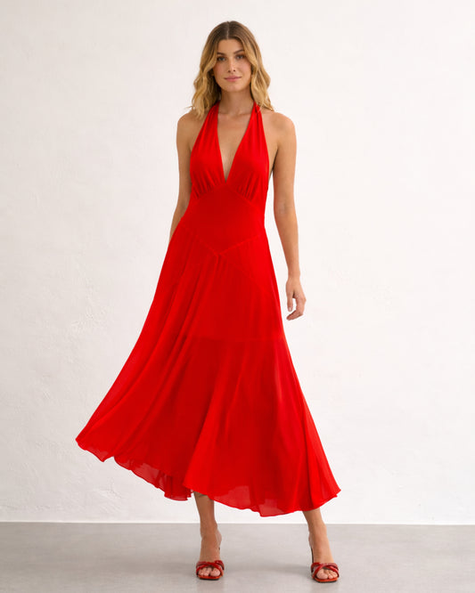 VESTIDO LONGO COM RECORTES VERMELHO
