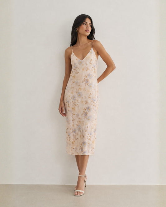 VESTIDO MIDI COSTAS DEGAGÊ BEGE