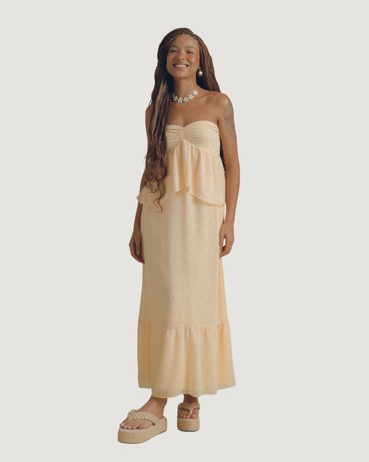 VESTIDO SEM ALÇA COM BABADOS AMARELO