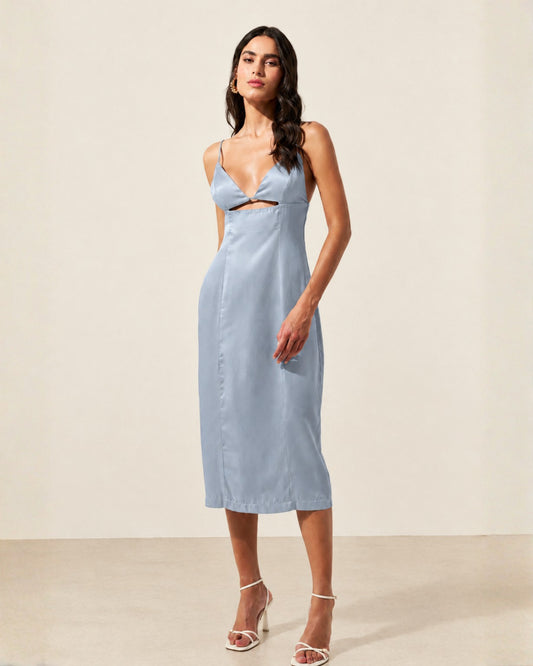 VESTIDO MIDI FENDA COSTAS AZUL
