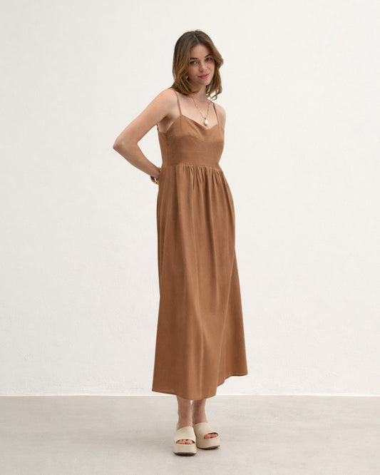 VESTIDO MIDI COM PESPONTO MOMOU (MARROM)