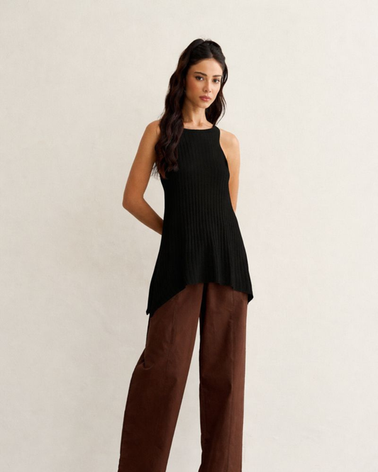 REGATA TRICOT LONGA COM FENDAS PRETO