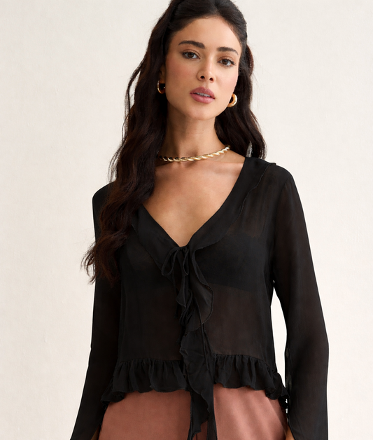 BLUSA MANGA LONGA COM BABADOS PRETO