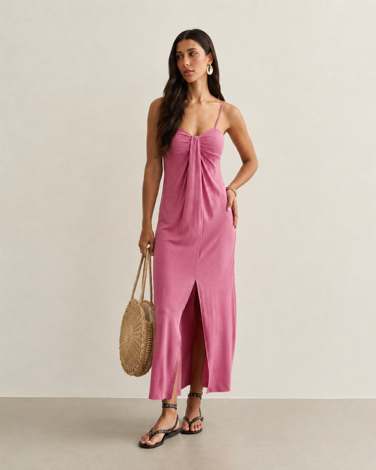 VESTIDO MIDI DETALHE DECOTE ROSA