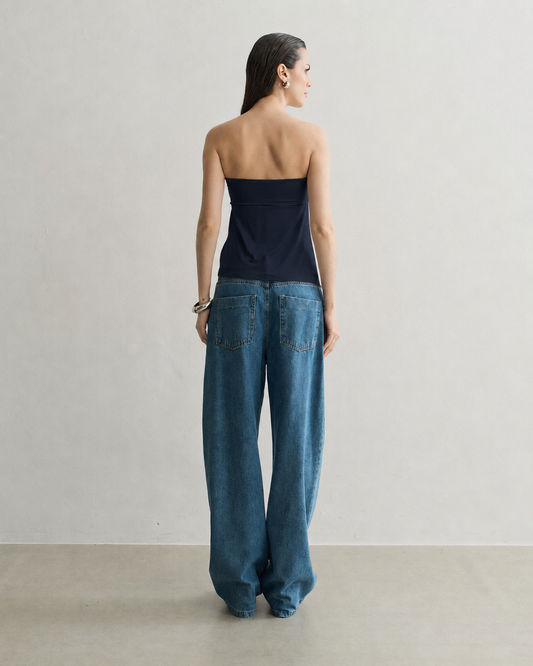 BLUSA TOMARA QUE CAIA FRANZIDA AZUL MARINHO
