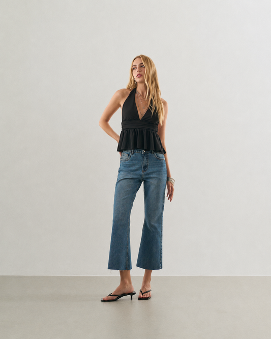 CALÇA JEANS FLARE CROPPED AZUL