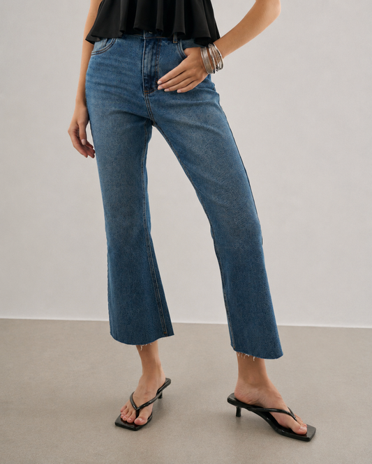 CALÇA JEANS FLARE CROPPED AZUL