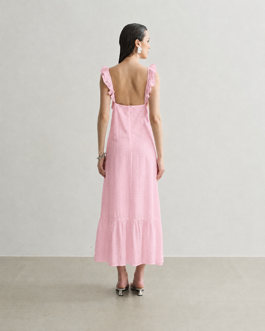 VESTIDO LONGO TEXTURA DETALHE NA ALÇA BALLERINA (ROSA)
