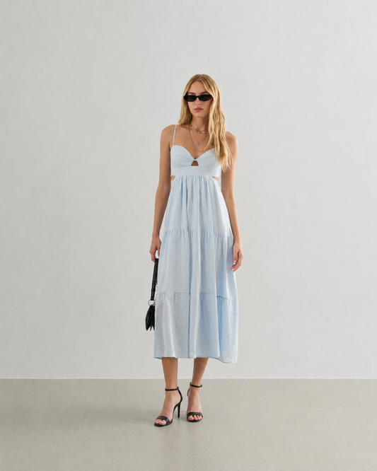 VESTIDO MIDI COM RECORTES VAZADOS NEVE (AZUL)