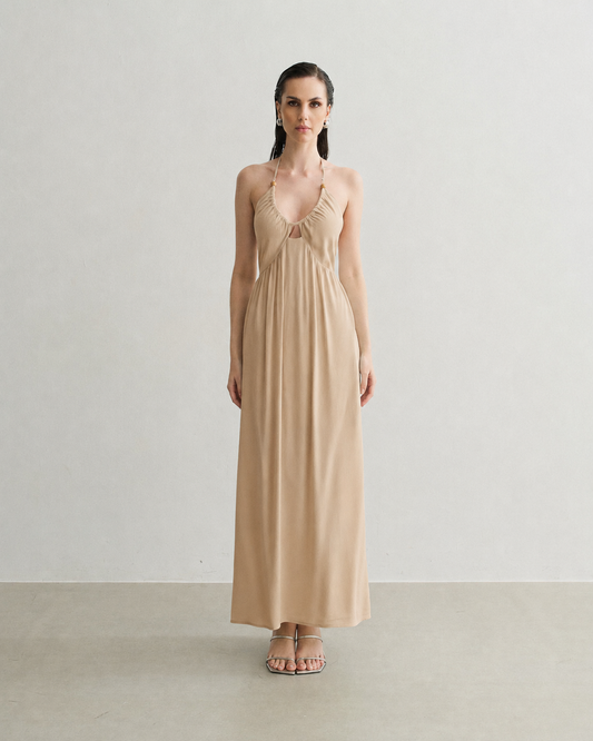 VESTIDO MIDI FRENTE U COM AMARRAÇÃO BEGE