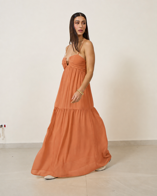 VESTIDO LONGO ABERTURA BUSTO MARROM