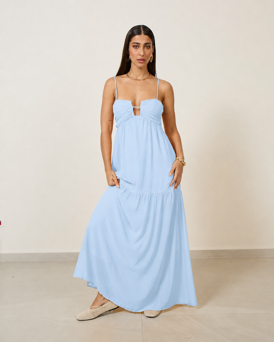 VESTIDO LONGO ABERTURA BUSTO AZUL