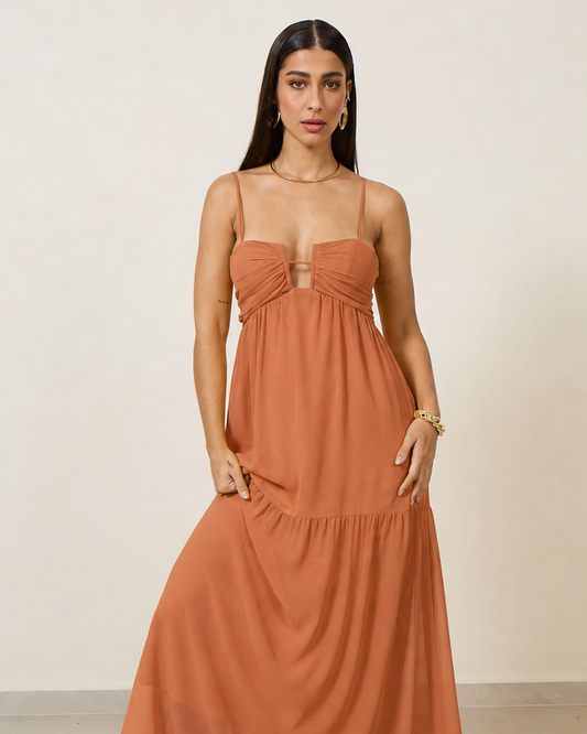 VESTIDO LONGO ABERTURA BUSTO MARROM