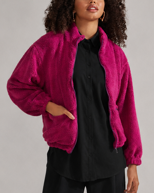 CASACO TEDDY ZÍPER FUCSIA