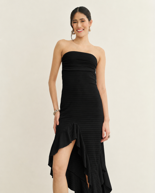 VESTIDO MIDI SEM ALÇAS BABADO ASSIMÉTRICO PRETO