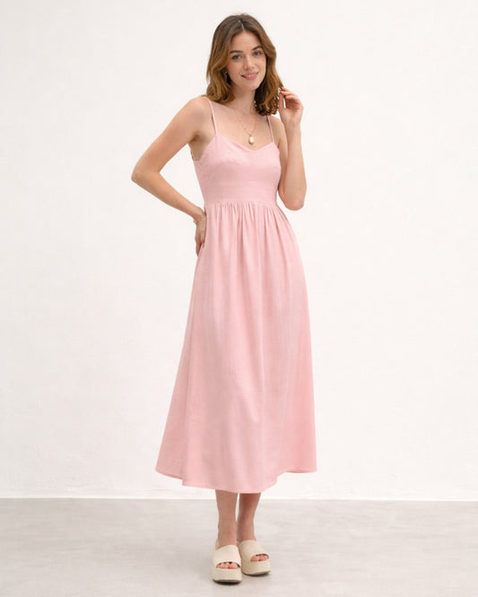 VESTIDO MIDI COM PESPONTO ROSA