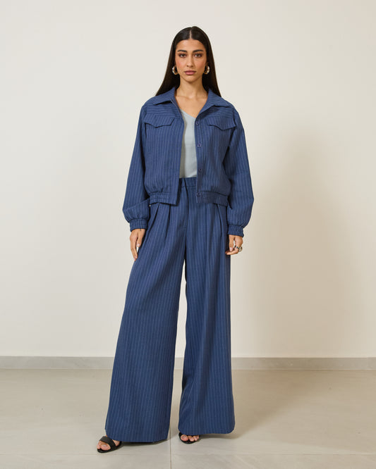 Calça Pantalona Risca de Giz AZUL