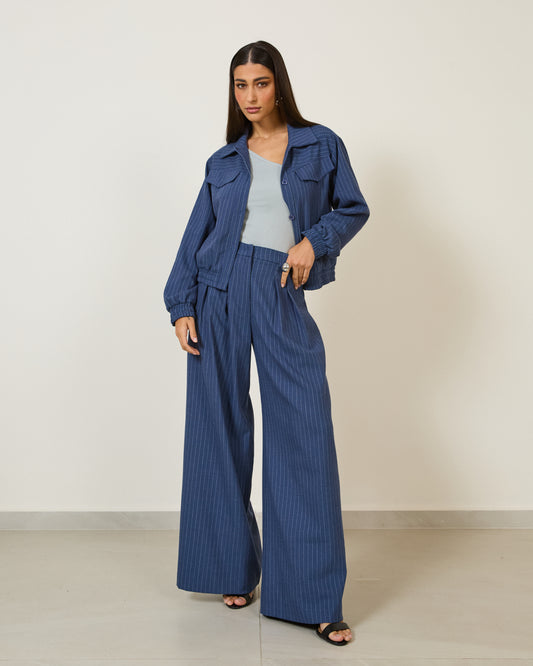 Calça Pantalona Risca de Giz AZUL