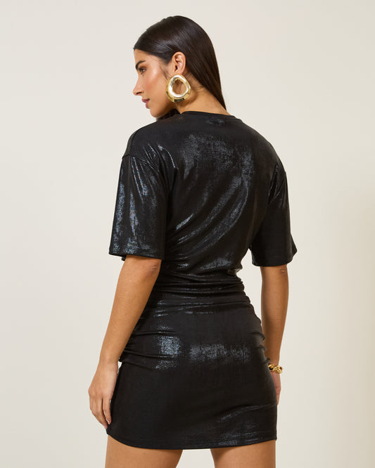 Vestido Metalizado Manga Curta PRETO