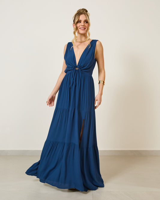 Vestido Longo Decote V Três Marias AZUL