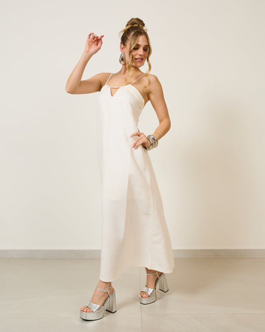 Vestido Midi Amplo Linho Alças Finas Off WHITE