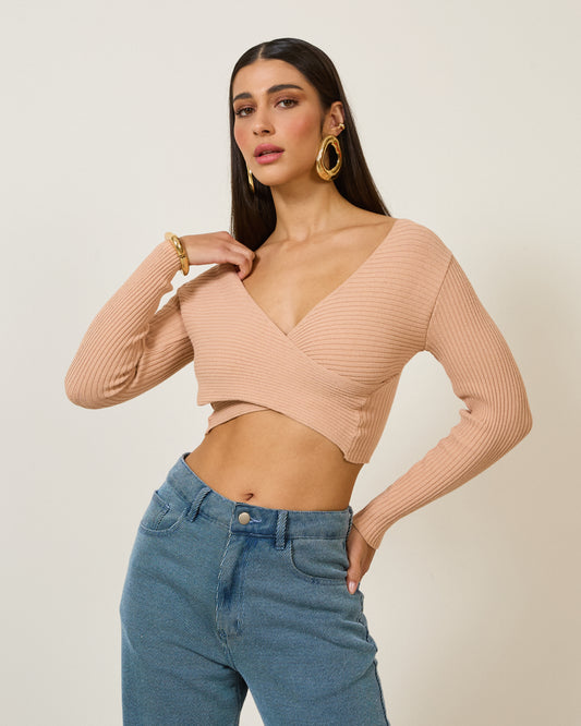 Blusa Transpassado Manga Longa BEGE