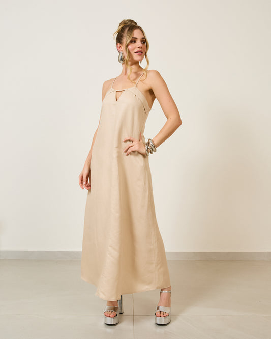 Vestido Midi Amplo Linho Alças Finas Off BEGE