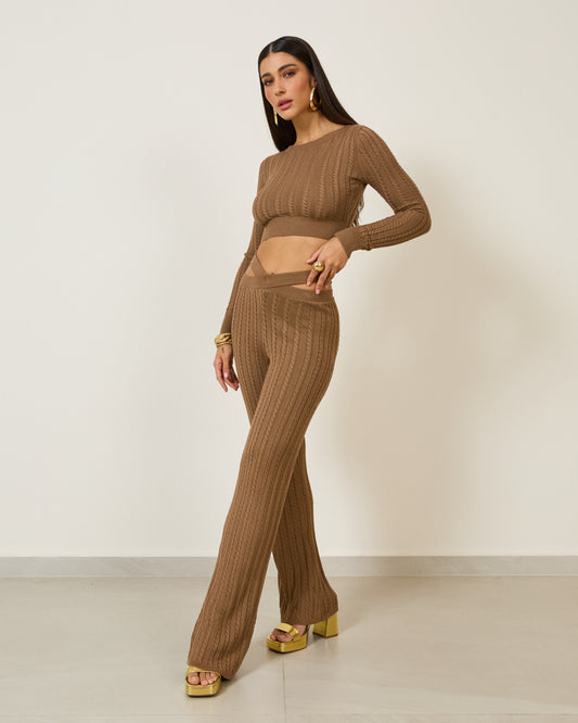 Calça Tricot Trançado Cintura MARROM