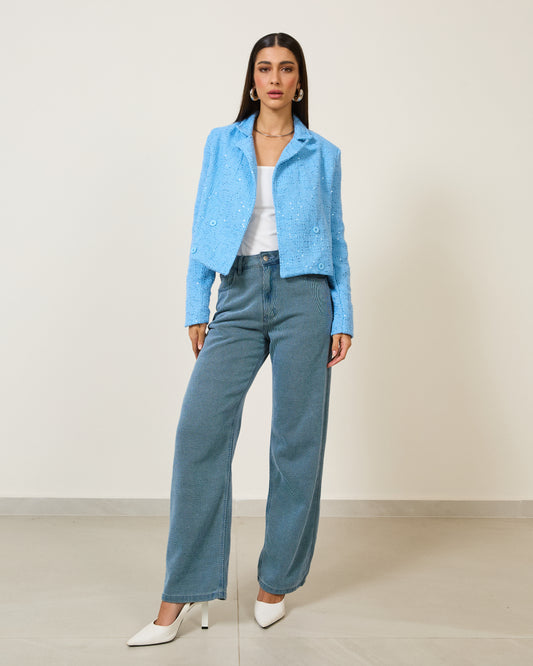 Blazer Curto Tweed com Paetês Verde AZUL