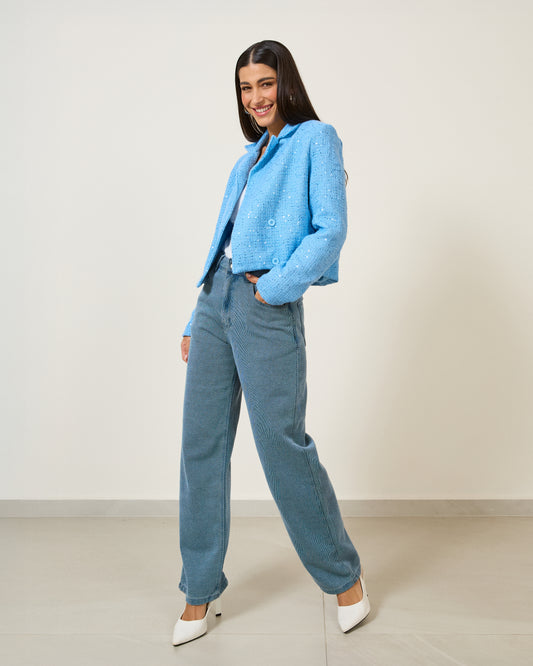 Blazer Curto Tweed com Paetês Verde AZUL