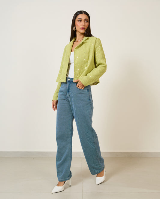 Blazer Curto Tweed com Paetês Verde LIMAO