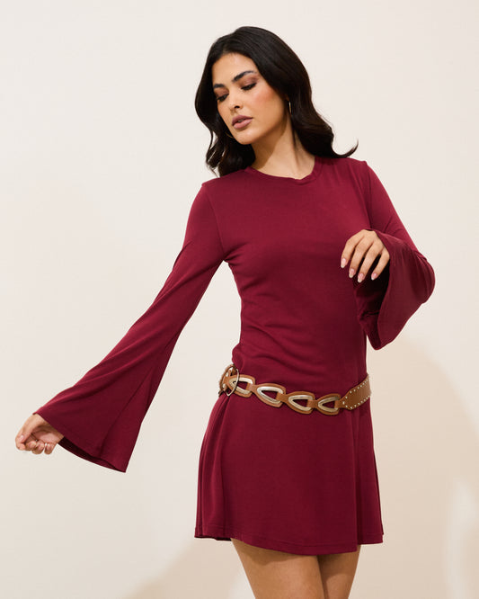 Vestido Malha Modal Manga Flare VINHO
