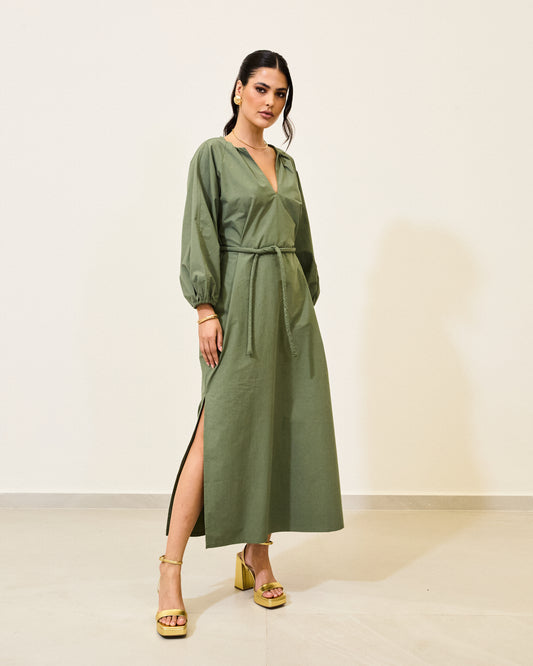 Vestido Longo Manga Bufante Cinto VERDE