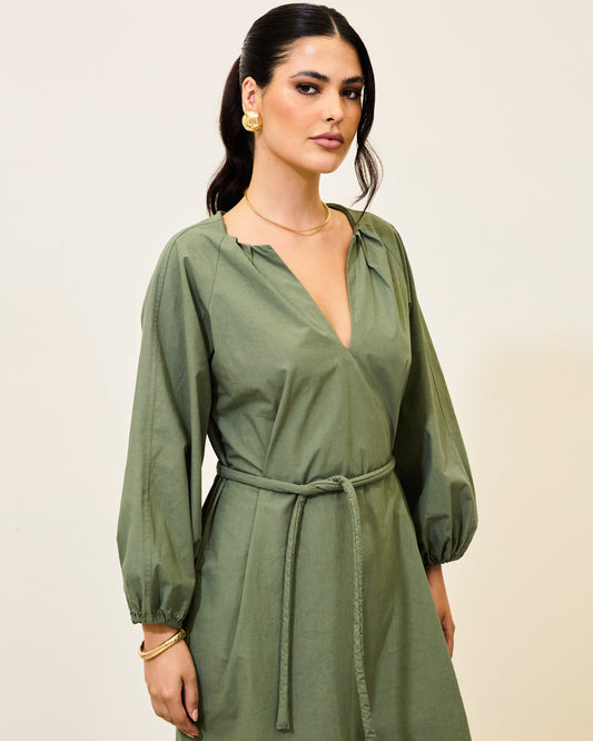 Vestido Longo Manga Bufante Cinto VERDE