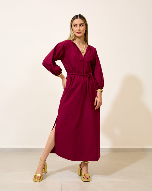 Vestido Longo Manga Bufante Cinto VINHO