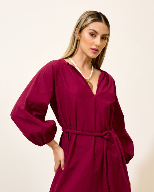 Vestido Longo Manga Bufante Cinto VINHO