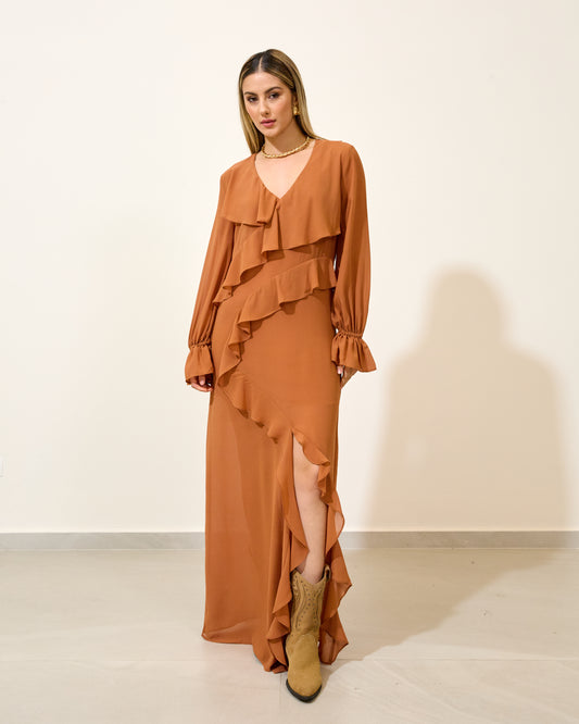 Vestido Longo Crepe Babado CARAMELO