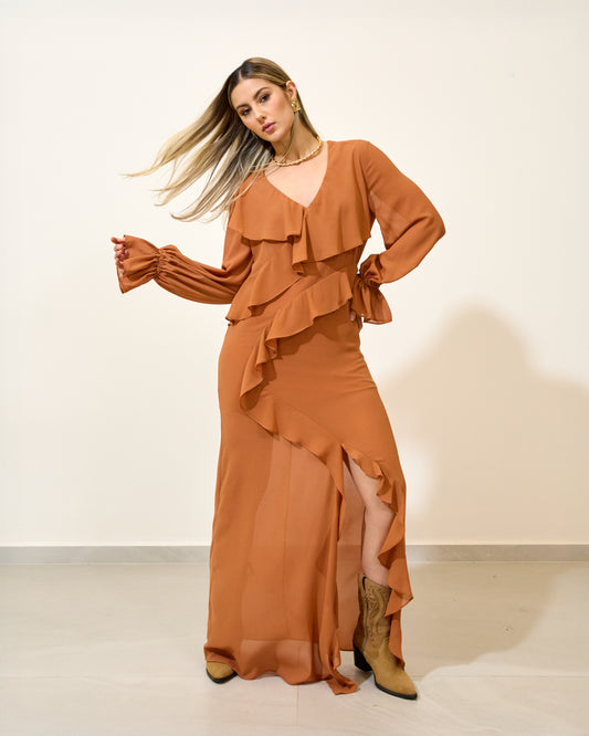 Vestido Longo Crepe Babado CARAMELO