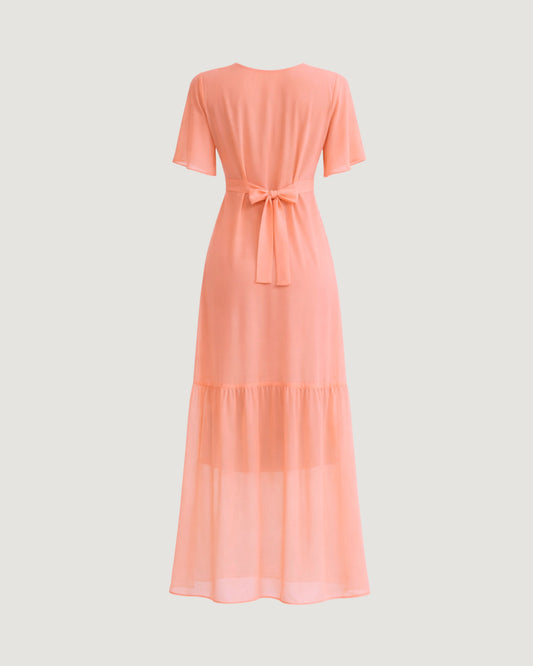 VESTIDO LONGO DETALHES BOTÃO ROSA