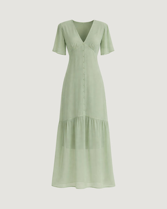 VESTIDO LONGO DETALHES BOTÃO VERDE