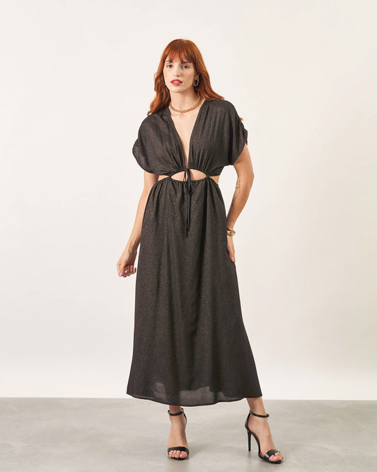Vestido Midi Franzido Ray PRETO