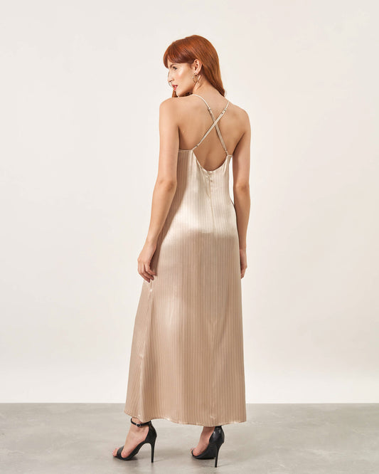 Vestido Cetim Risca de Giz BEGE