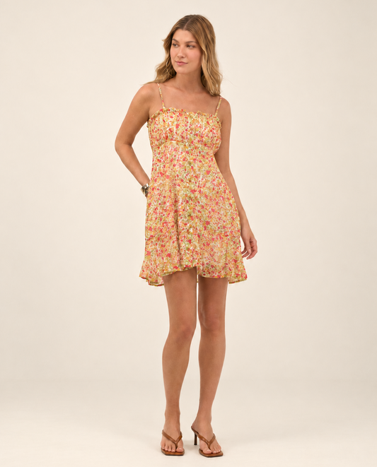 VESTIDO CURTO BOTÕES FRONTAIS FLORIDO OFF WHITE COM LARANJA