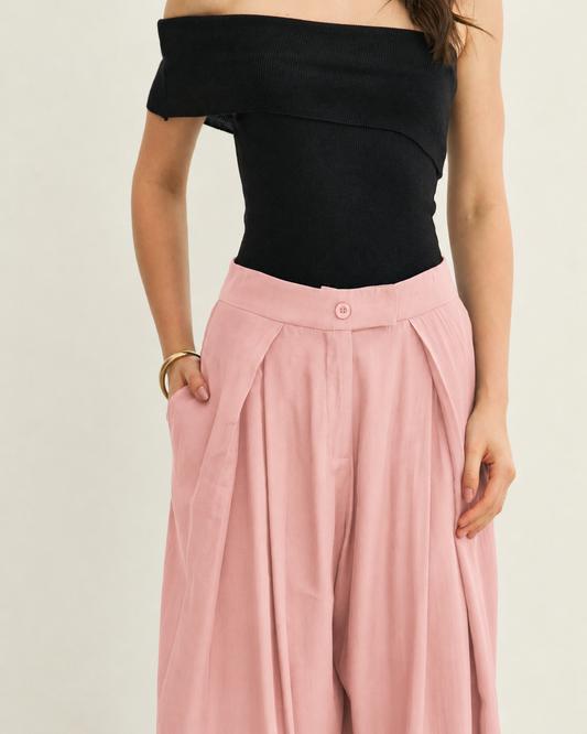 CALÇA ALFAIATARIA AMPLA PREGAS ROSA CANDY