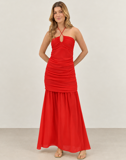 VESTIDO MIDI FRENTE U COM FRANZIDOS VERMELHO