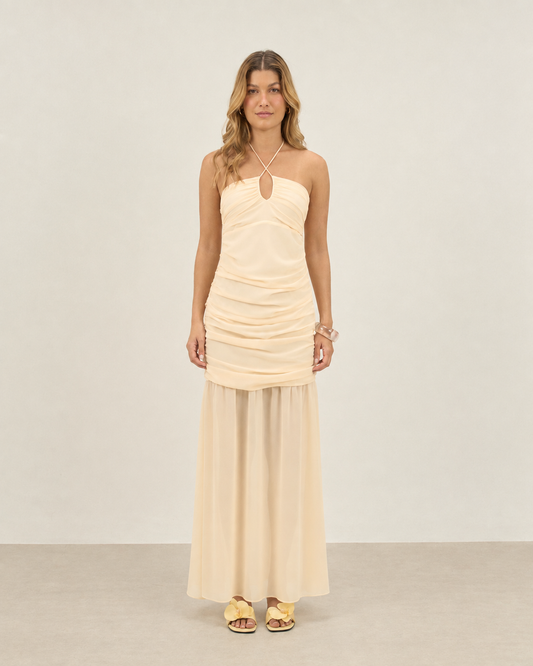 VESTIDO MIDI FRENTE U COM FRANZIDOS OFF WHITE