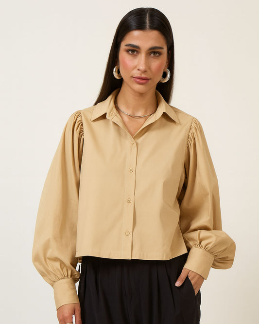Camisa Cropped Manga Longa Bufante BEGE