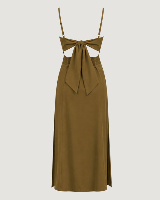 VESTIDO BUSTO ESTRUTURADO COM FENDA LATERAL HERBAL (VERDE)