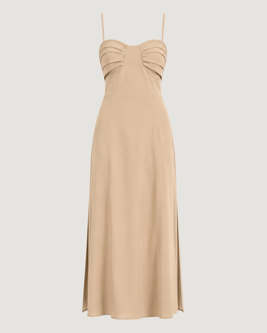 VESTIDO BUSTO ESTRUTURADO COM FENDA LATERAL BEGE