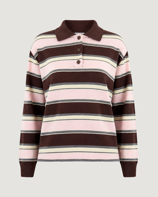 BLUSA TRICOT POLO LISTRADA MARROM / ROSA
